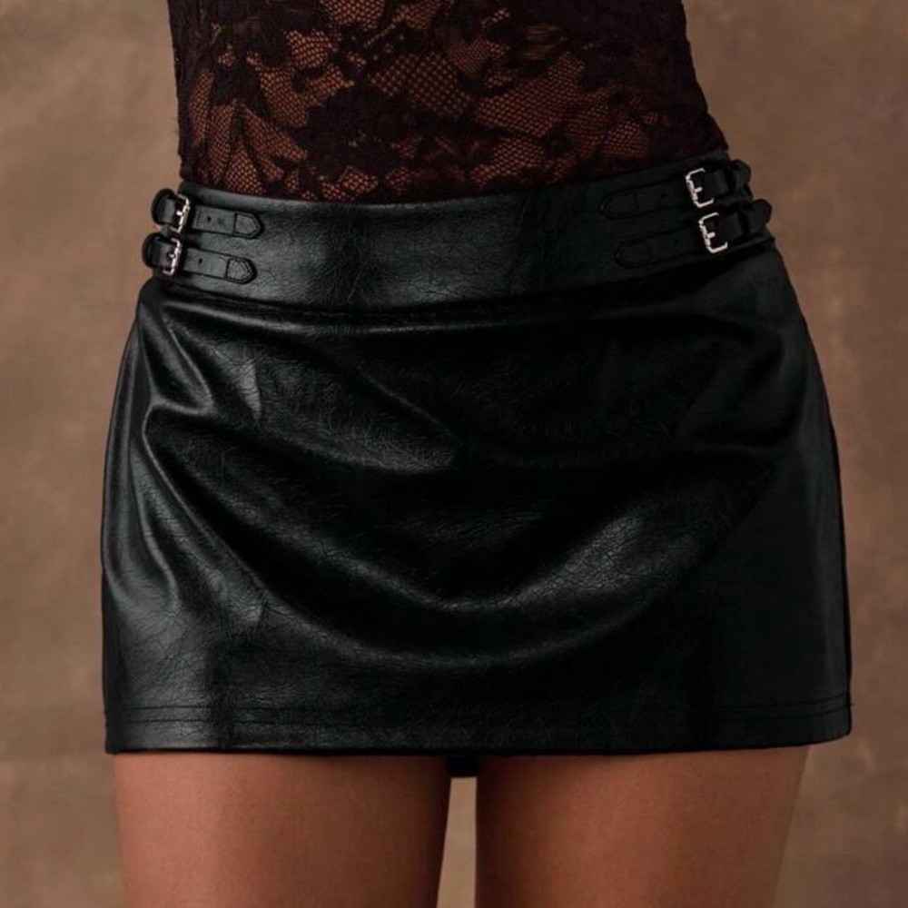 Black Faux Leather Mini Skirt with Buckle Detail